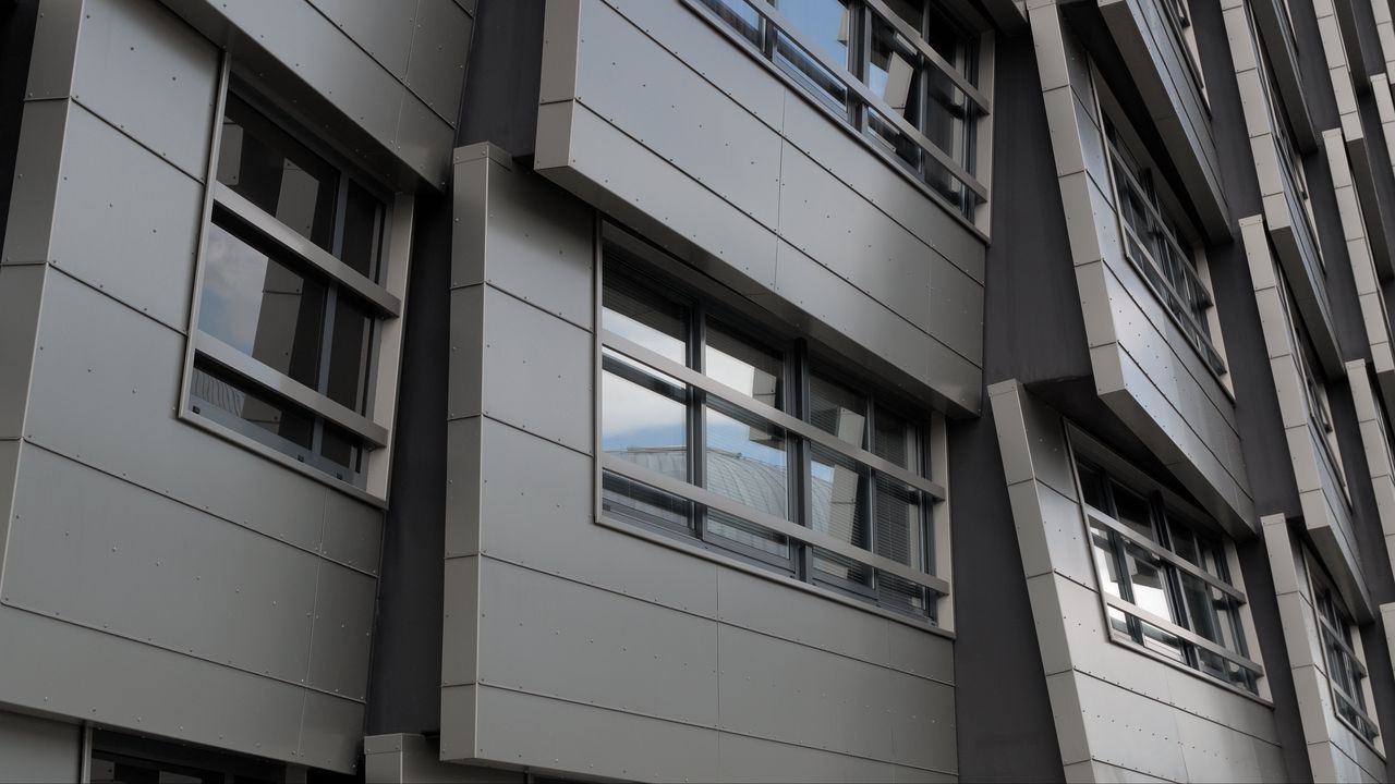 Wallpaper building, facade, windows, edges, gray