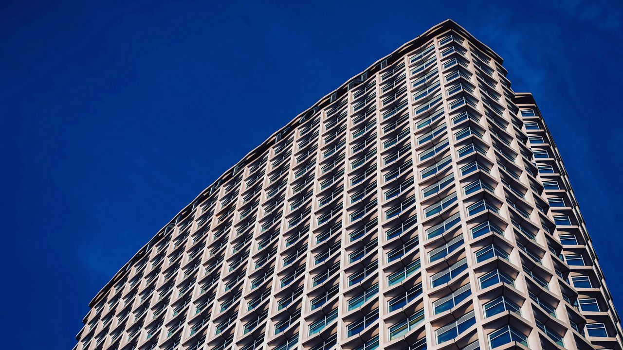 Wallpaper building, facade, windows, sky, blue