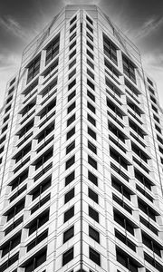 Preview wallpaper building, facade, windows, black and white, bottom view