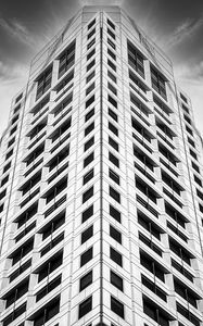 Preview wallpaper building, facade, windows, black and white, bottom view