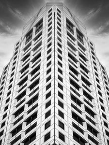 Preview wallpaper building, facade, windows, black and white, bottom view