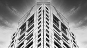 Preview wallpaper building, facade, windows, black and white, bottom view