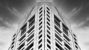 Preview wallpaper building, facade, windows, black and white, bottom view