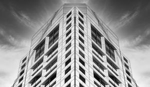 Preview wallpaper building, facade, windows, black and white, bottom view