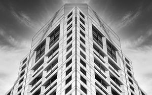 Preview wallpaper building, facade, windows, black and white, bottom view