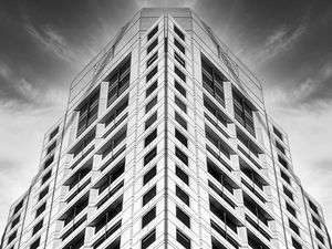 Preview wallpaper building, facade, windows, black and white, bottom view