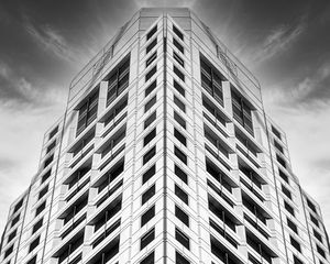 Preview wallpaper building, facade, windows, black and white, bottom view