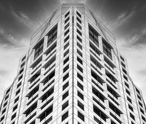 Preview wallpaper building, facade, windows, black and white, bottom view