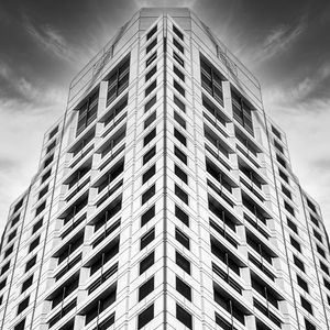 Preview wallpaper building, facade, windows, black and white, bottom view