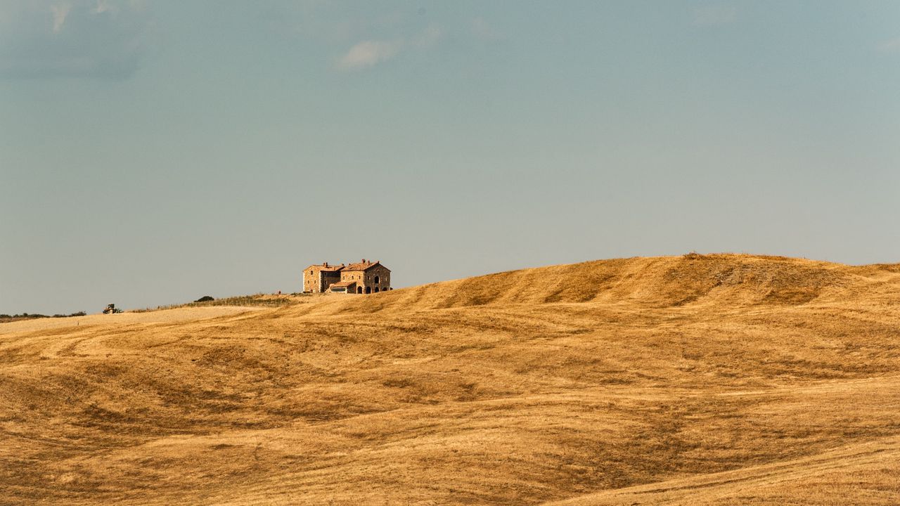 Wallpaper building, field, grass, hill, sky