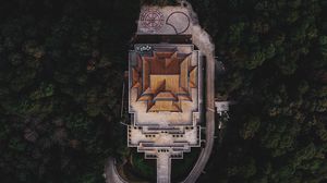 Preview wallpaper building, forest, aerial view, roof, trees