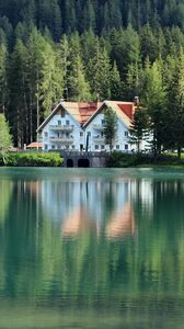 Preview wallpaper building, forest, lake, reflection