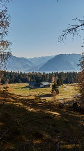 Preview wallpaper building, forest, mountains