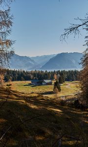 Preview wallpaper building, forest, mountains