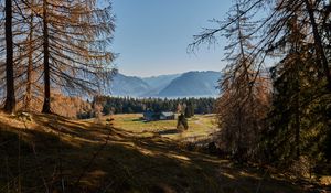 Preview wallpaper building, forest, mountains