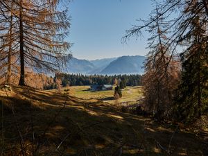 Preview wallpaper building, forest, mountains