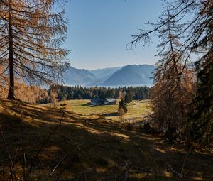 Preview wallpaper building, forest, mountains