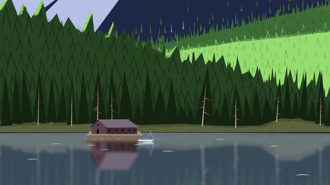 Wallpaper building, forest, mountains, water, art