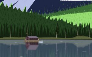 Preview wallpaper building, forest, mountains, water, art