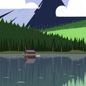 Preview wallpaper building, forest, mountains, water, art