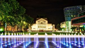 Preview wallpaper building, fountain, lights city, landscape