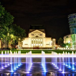 Preview wallpaper building, fountain, lights city, landscape