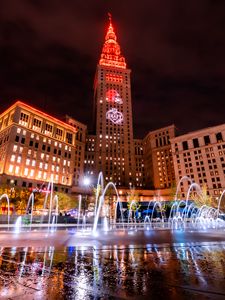 Preview wallpaper building, fountain, square, city, night, lights