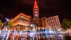 Preview wallpaper building, fountain, square, city, night, lights