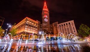 Preview wallpaper building, fountain, square, city, night, lights