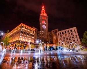 Preview wallpaper building, fountain, square, city, night, lights