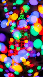 Preview wallpaper building, glare, colorful, lights, bokeh