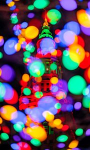 Preview wallpaper building, glare, colorful, lights, bokeh