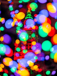 Preview wallpaper building, glare, colorful, lights, bokeh