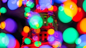 Preview wallpaper building, glare, colorful, lights, bokeh