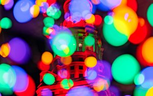 Preview wallpaper building, glare, colorful, lights, bokeh
