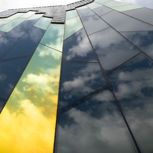 Preview wallpaper building, glass, clouds, reflection, high