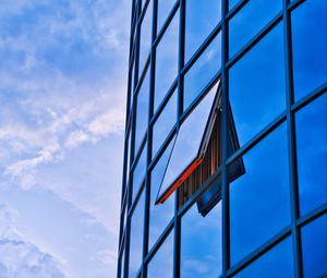 Preview wallpaper building, glass, mirror, window, sky, clouds, blue
