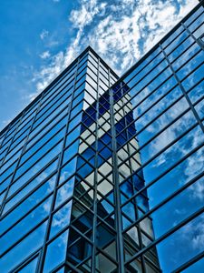 Preview wallpaper building, glass, reflection, edges, clouds