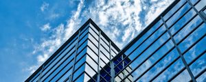 Preview wallpaper building, glass, reflection, edges, clouds