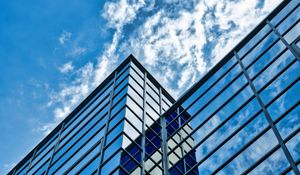Preview wallpaper building, glass, reflection, edges, clouds