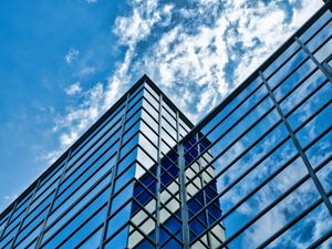 Preview wallpaper building, glass, reflection, edges, clouds