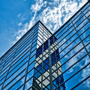 Preview wallpaper building, glass, reflection, edges, clouds