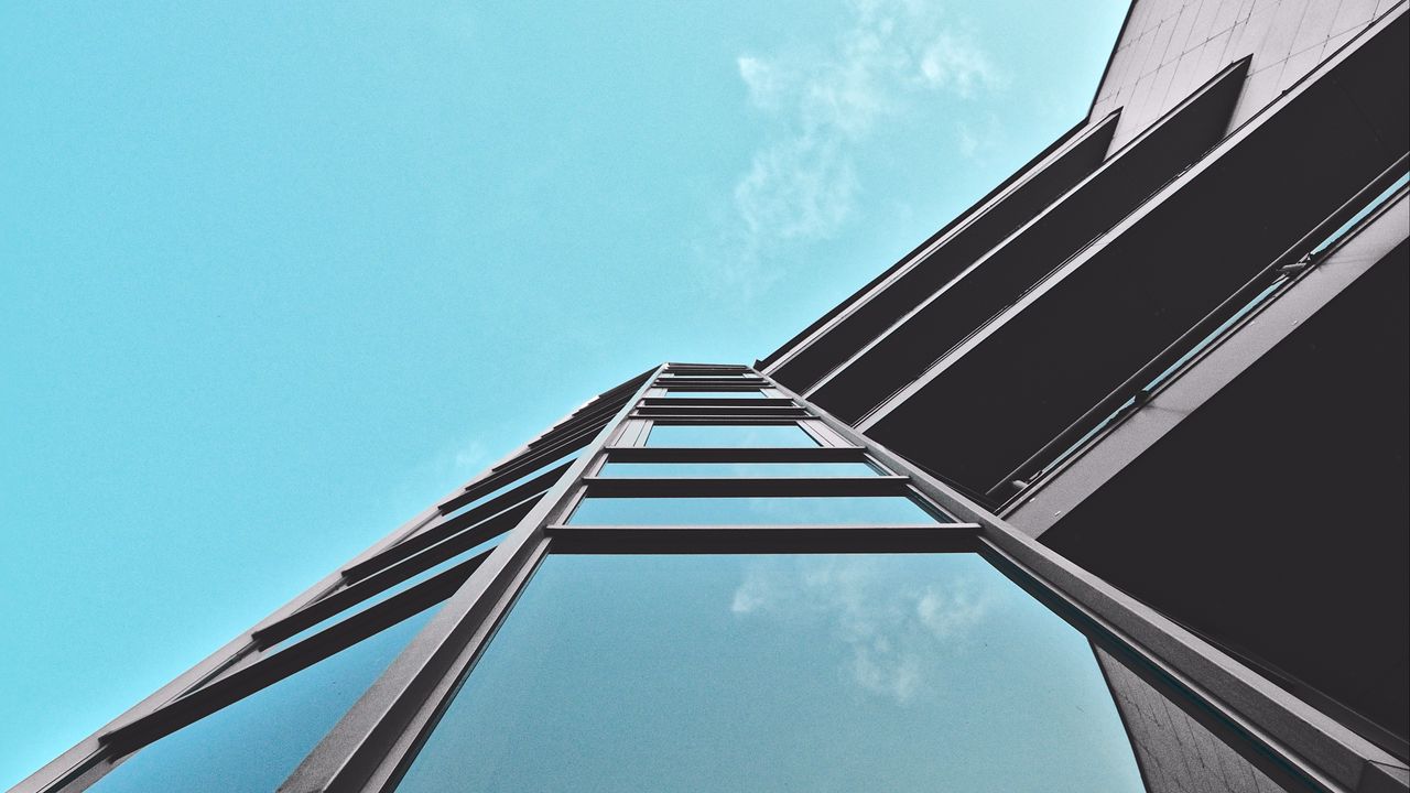 Wallpaper building, glass, reflection, architecture, sky, bottom view