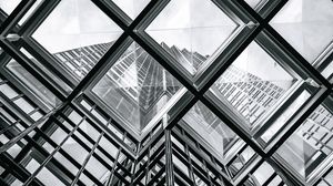 Preview wallpaper building, glass, transparent, bottom view, black and white