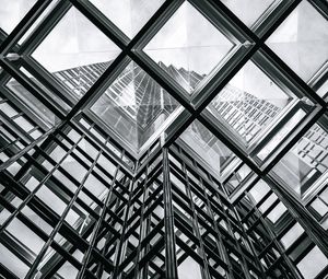 Preview wallpaper building, glass, transparent, bottom view, black and white