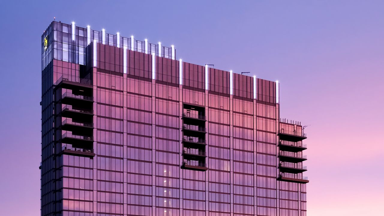 Wallpaper building, glass, windows, reflection, sunset