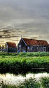 Preview wallpaper building, grass, mill, river, hdr