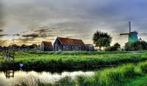 Preview wallpaper building, grass, mill, river, hdr