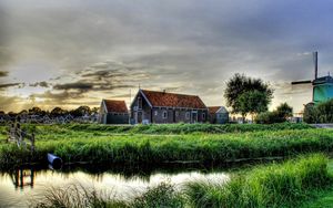 Preview wallpaper building, grass, mill, river, hdr