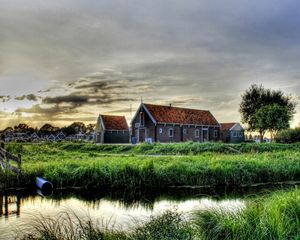 Preview wallpaper building, grass, mill, river, hdr